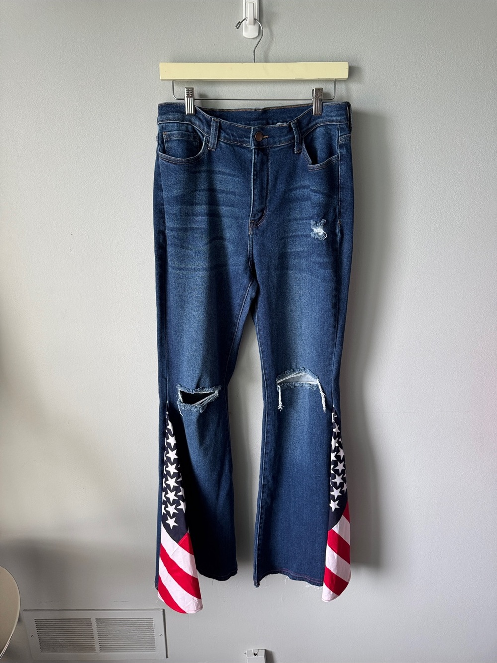 Distressed Dark Blue Flare Jeans with Star-Striped Panels